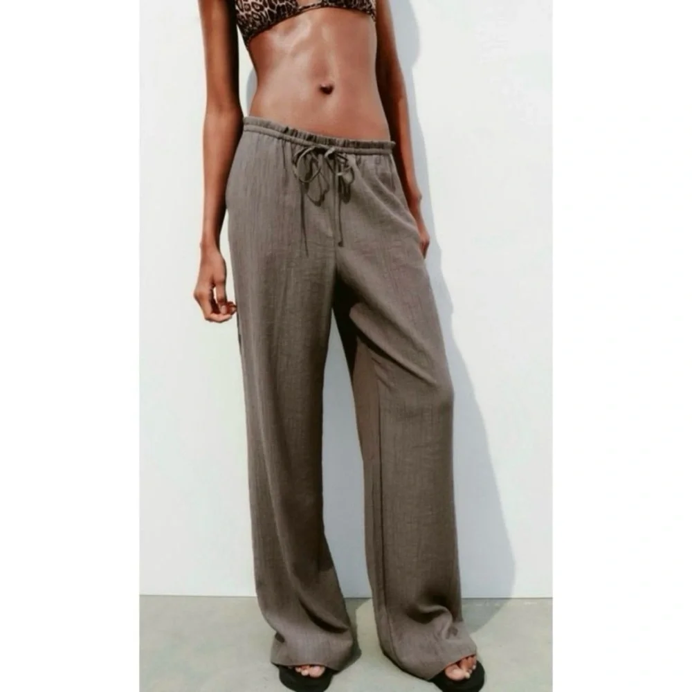Zara Crinkle Gauze Pants Womens XS Gray High Rise Ankle Pull On Textured Pockets - Picture 2 of 15